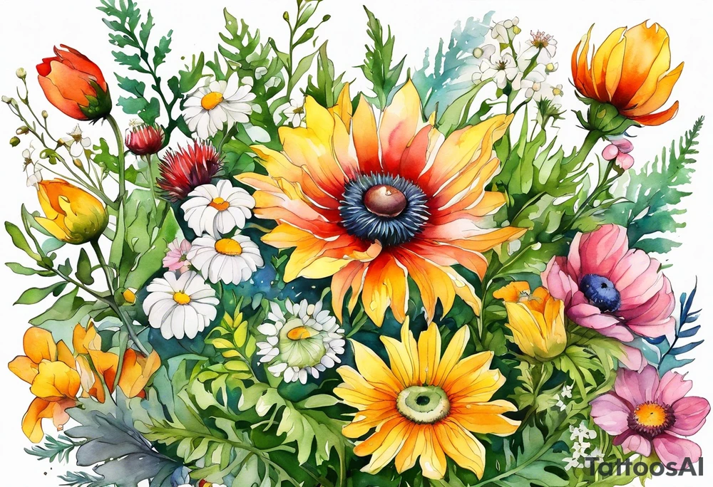 simple wildflowers cascading with thistles, ferns, white anemones, sun flowers, yellow flowers, red flowers, pink flowers, green flowers, buttercups, orange flowers, babys breath and daisies all in watercolor tattoo idea