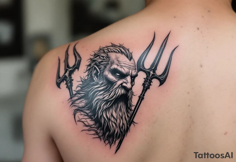 mid aged poseidon with huge trident tattoo idea