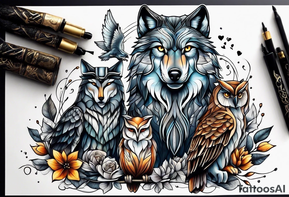 A Wolf as a father, an owl as the son and a lioness as the daughter. tattoo idea