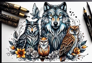 A Wolf as a father, an owl as the son and a lioness as the daughter. tattoo idea