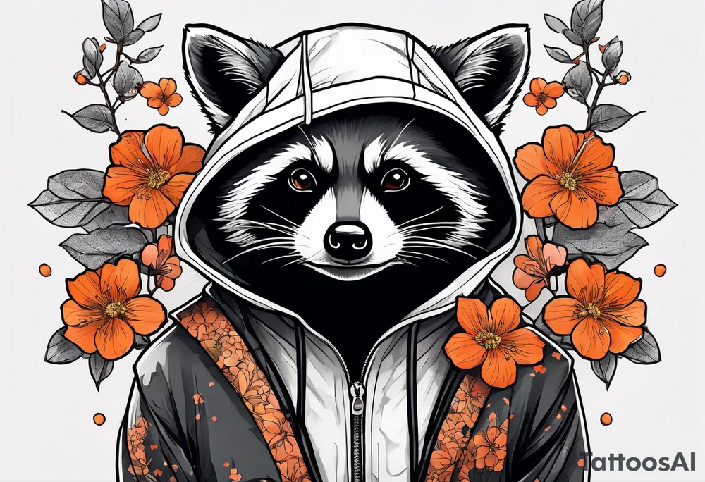 raccoon wearing a black and white Superman hoodie and orange Japanese cherry blossoms tattoo idea
