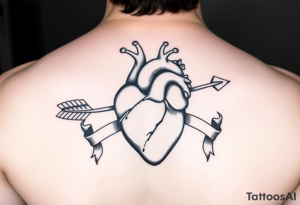 anatomical heart pierced by ornate arrow with flowing ribbons tattoo idea