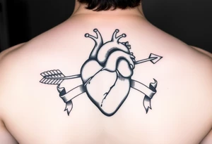 anatomical heart pierced by ornate arrow with flowing ribbons tattoo idea