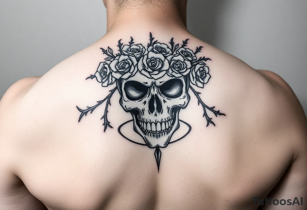 ornate skull adorned with crown of wild roses and thorns tattoo idea