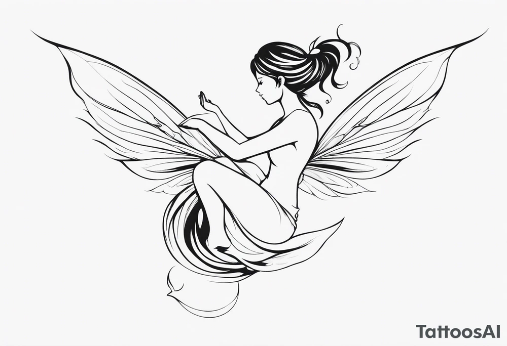 Minimalistic, monochromatic fairy with a tail flying to the left in a fetal position, leaning and looking in the same direction, with visible hands, embodying the 'Fairy Tail' logo aesthetic. tattoo idea