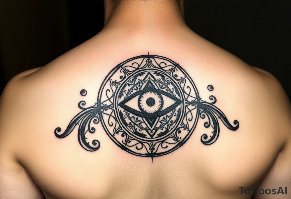 A abundance and protection symbol with an evil eye protection symbol (not an eye) in full color in the center of it.  I’d like it windy very small “so mote it be” with a magic wand  make exactly what I type don’t forget so mote it be tattoo idea
