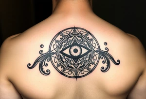 A abundance and protection symbol with an evil eye protection symbol (not an eye) in full color in the center of it.  I’d like it windy very small “so mote it be” with a magic wand  make exactly what I type don’t forget so mote it be tattoo idea