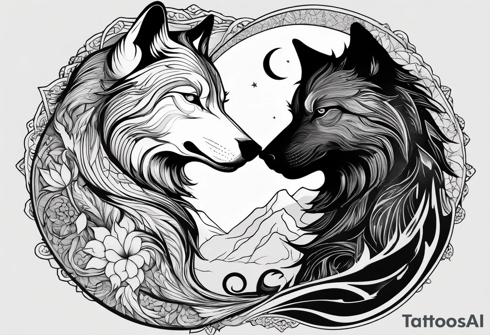 black wolf and white wolf in a ying yang style tattoo idea