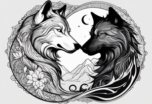 black wolf and white wolf in a ying yang style tattoo idea