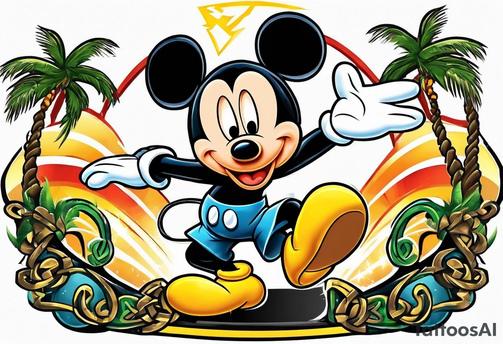 mickey mouse doing martial arts with palm trees, lightning storm and the celtic symbol for family tattoo idea