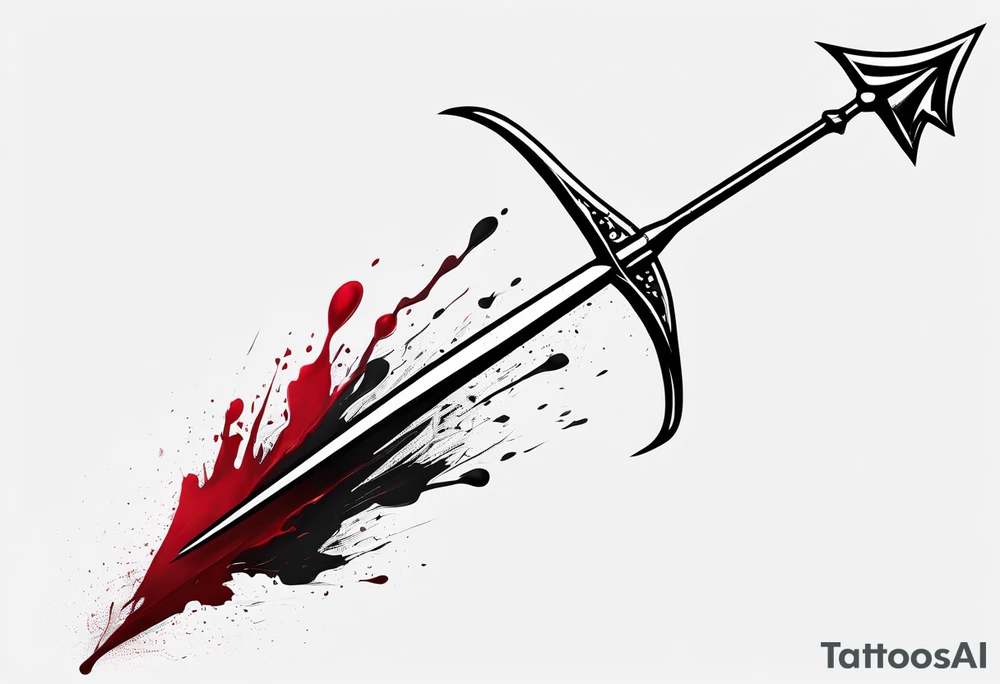 an arrow with only one drip of blood on the tip of it simple line art tattoo idea