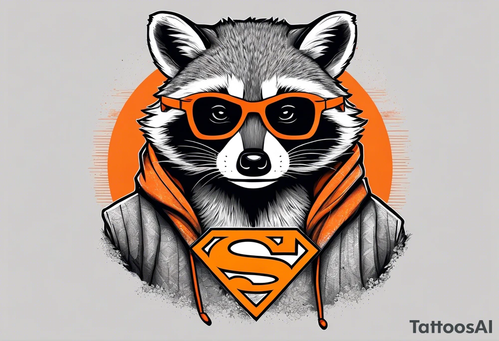 Raccoon wearing an orange Superman hoodie tattoo idea
