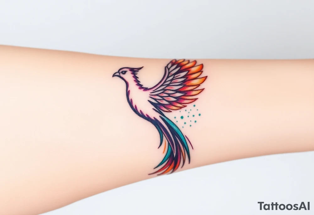 Phoenix in flames with purple, blue, orange, teal and green splashes, looking upwards. Materializing from below, no outline. tattoo idea