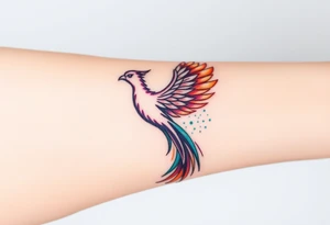 Phoenix in flames with purple, blue, orange, teal and green splashes, looking upwards. Materializing from below, no outline. tattoo idea