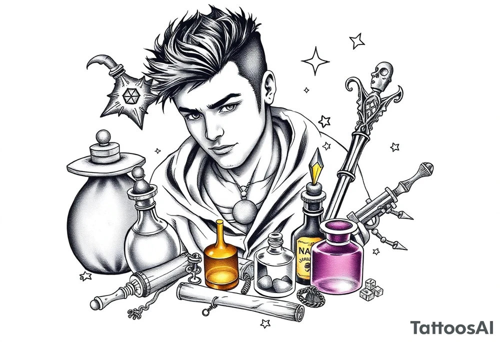 Handsome young adult guy is  accidentally stumbled upon witch tools, supplies, artifacts, potions tattoo idea