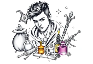 Handsome young adult guy is  accidentally stumbled upon witch tools, supplies, artifacts, potions tattoo idea
