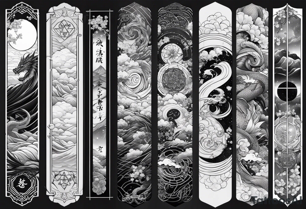 Full sleeve Tatoo that contains these elements 
Katana, Dragon, Samurai, Galaxy,Geometry ( like the golden ratio, lines, etc),Waves,Sakura tattoo idea