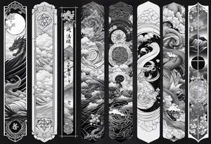 Full sleeve Tatoo that contains these elements 
Katana, Dragon, Samurai, Galaxy,Geometry ( like the golden ratio, lines, etc),Waves,Sakura tattoo idea