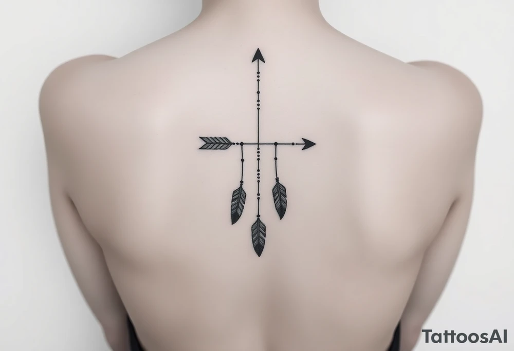 Thin spinal tattoo following down the spine in a native style with multiple different lengths flowing lines made of a discreet connection of morse code ".--- .- --.     .-.. ... -.- .- .-.   -.. .. --.     .-.. .. .-.. .-.. . -... .-. --- .-. forming an arrow connected to flowing feathers hanging from the morse code lines tattoo idea