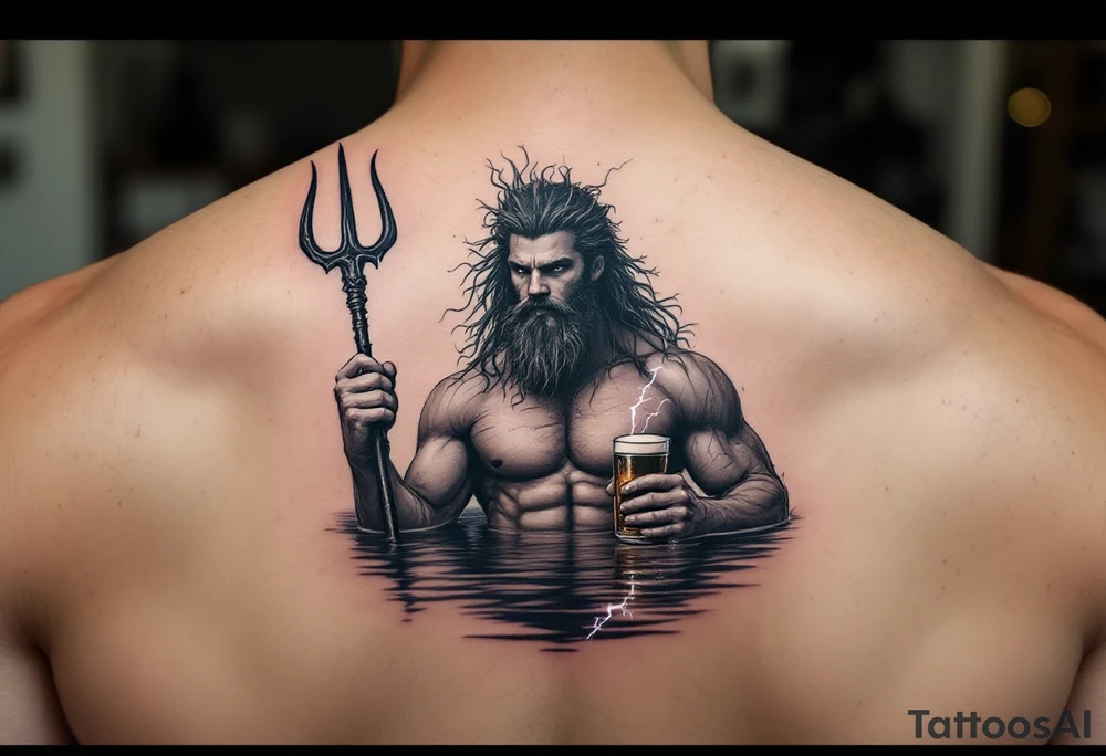 young, fit poseidon in calm water, behind a trident, holding a beer, with lightning tattoo idea