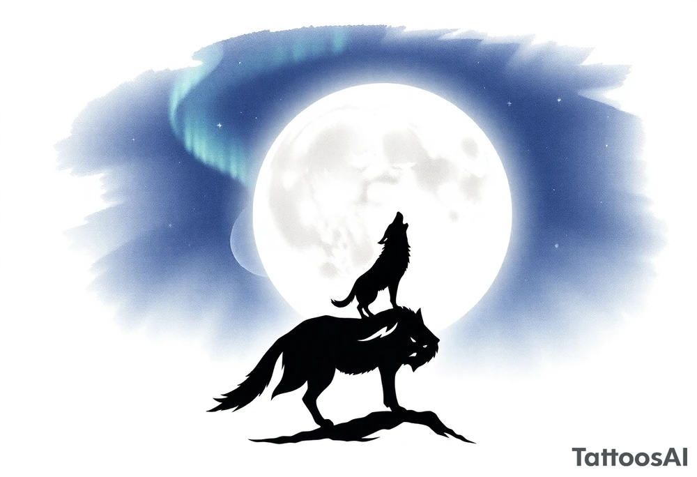 lone wolf howling at full moon with northern lights backdrop tattoo idea