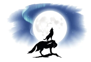 lone wolf howling at full moon with northern lights backdrop tattoo idea