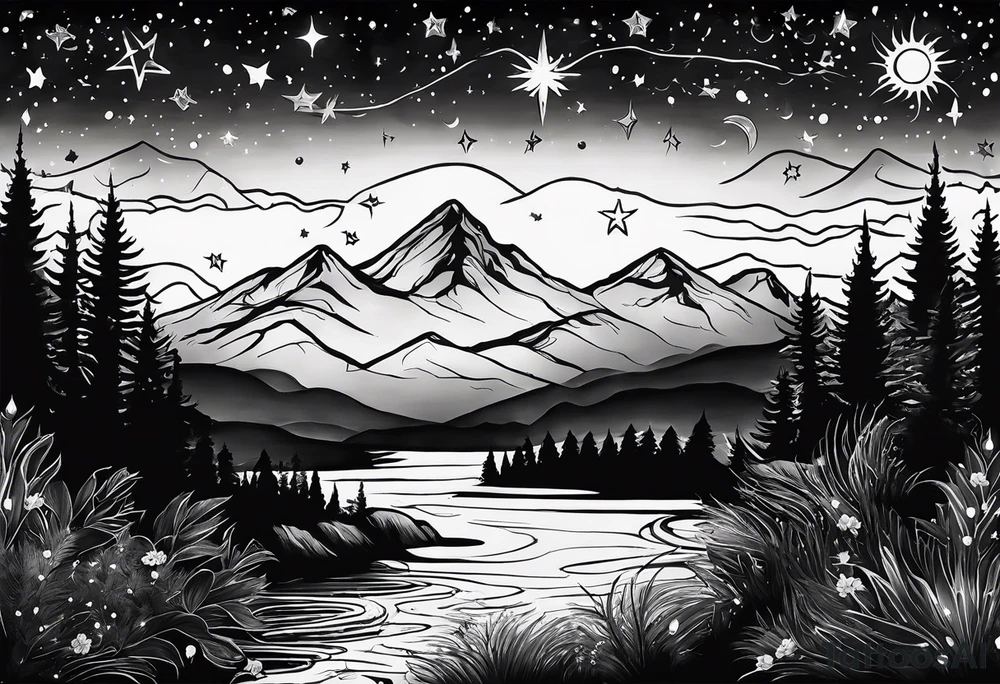 nature tattoo with river mountains a few trees with the stars and constellations of the night I met her with the words " I knew the moment I saw her" tattoo idea