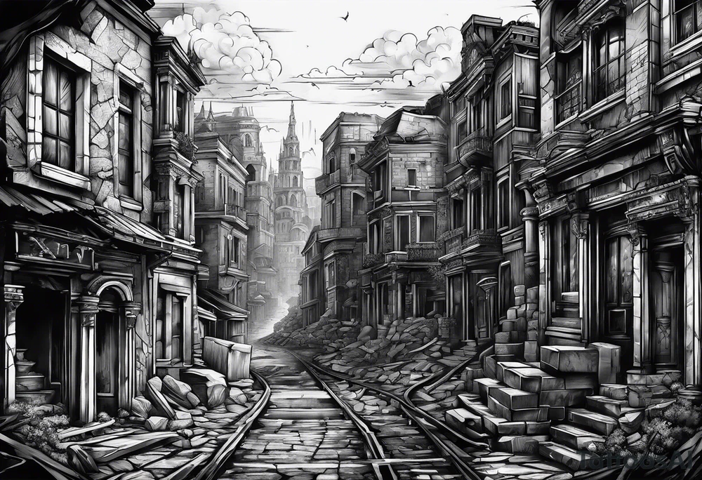 destroyed city made by lines tattoo idea