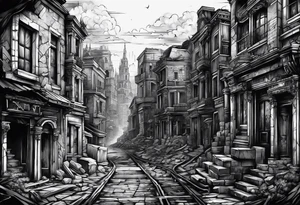 destroyed city made by lines tattoo idea