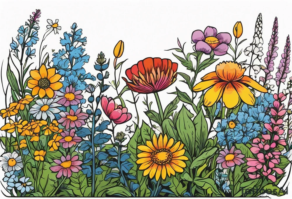 Assortment of wildflowers and prairie plants, horizontal tattoo idea