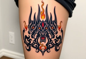 The three-headed Cerberus, its eyes glowing fiery red, surrounded by black smoke and swirling golden flames at the gates of the underworld tattoo idea