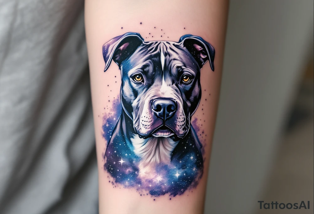 Galaxy-themed pitbull, blue-gray coat merging into a night sky filled with stars and nebula textures in purples, blues, and soft whites, symbolizing depth and loyalty beyond this world. tattoo idea