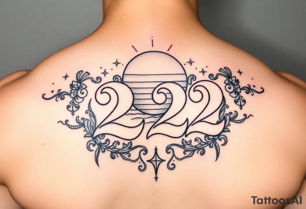 Bold 222 surrounded with sunset and love and stardust and vibration tattoo idea