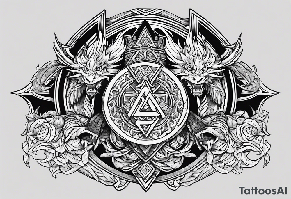 Valhalla sword shield dragon axe Valknut tattoo idea