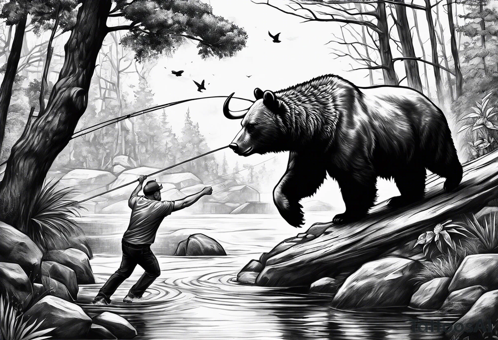I want a sleeve tattoo design combining a bear fighting a bull, some how blend in a man walking a tightrope blending the mans head with the australian bush with a river and some how blend in a rubix cube tattoo idea
