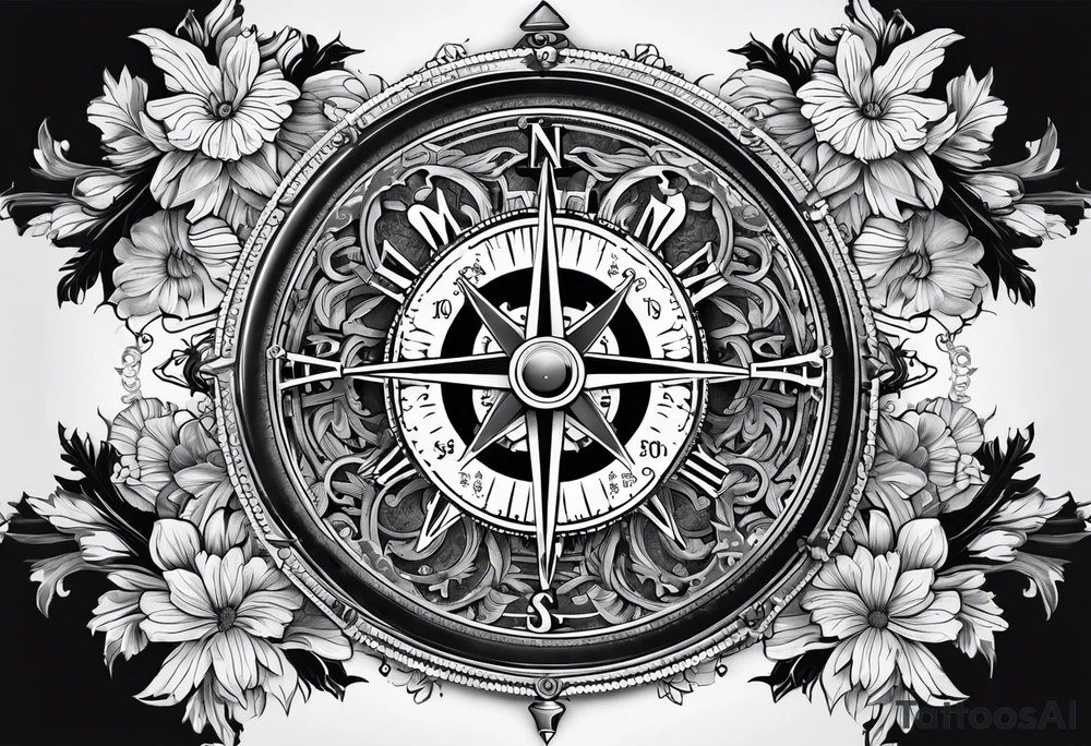 A Vintage compass with gears and marigold flower behind it. tattoo idea