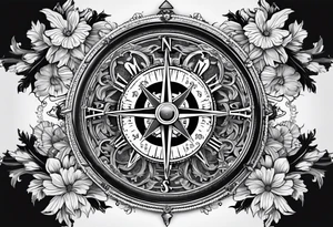 A Vintage compass with gears and marigold flower behind it. tattoo idea