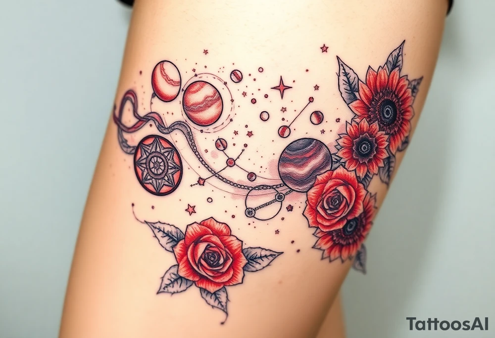 Milky way galaxy with planets with zodiac symbols and protection runes in it with red roses and sunflowers tattoo idea