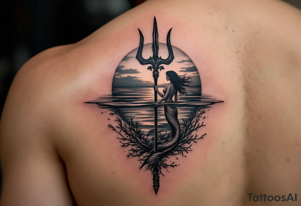 trident half way under calm water with mermaid at sunset tattoo idea