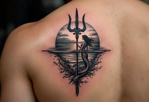 trident half way under calm water with mermaid at sunset tattoo idea