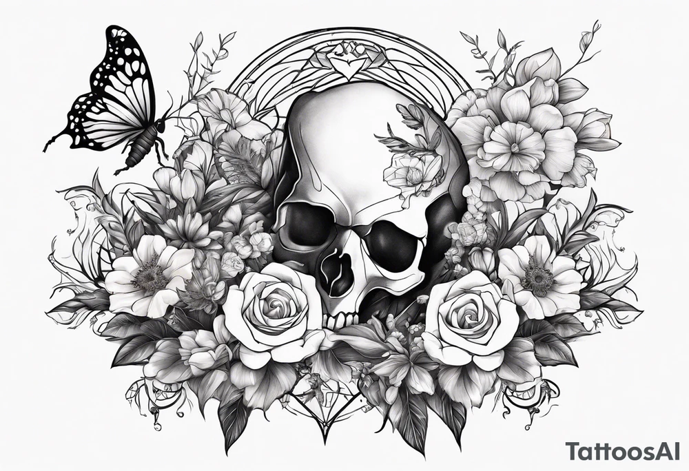 Large scorpion with a skull, flowers, and butterflies tattoo idea