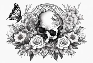 Large scorpion with a skull, flowers, and butterflies tattoo idea