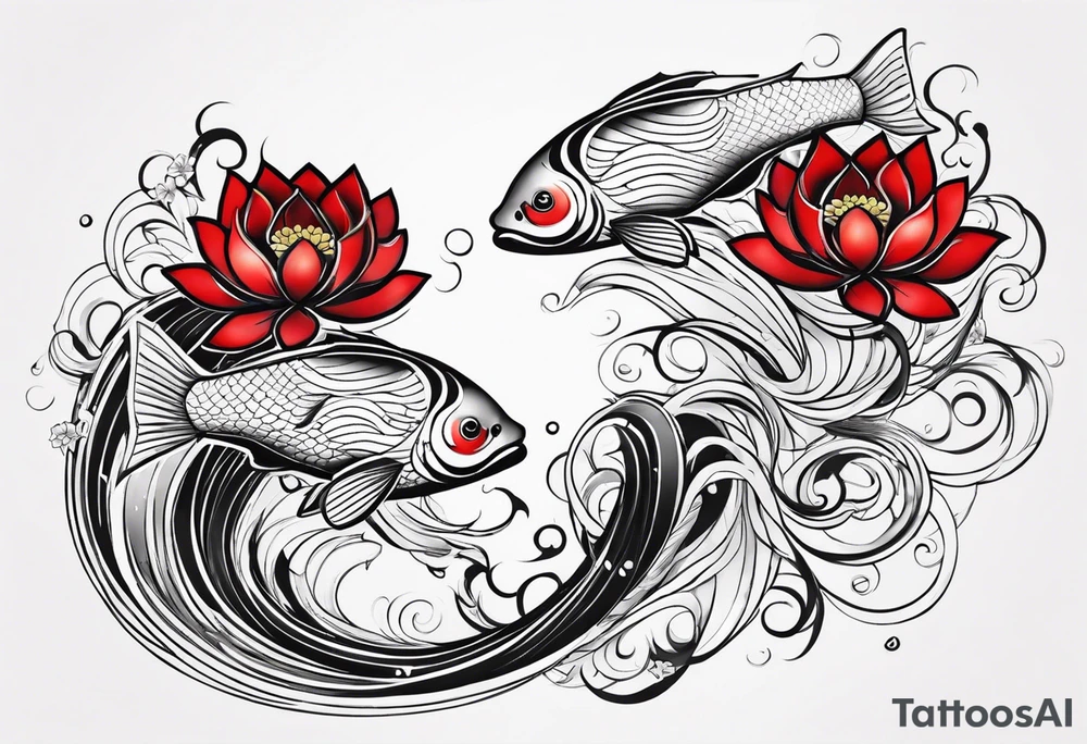 twin coi fish one red one black with waves and lotus flowers tattoo idea