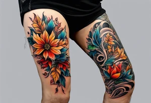 Knee tattoo with fall colors showing leaves, flowers, water flow and sky tattoo idea
