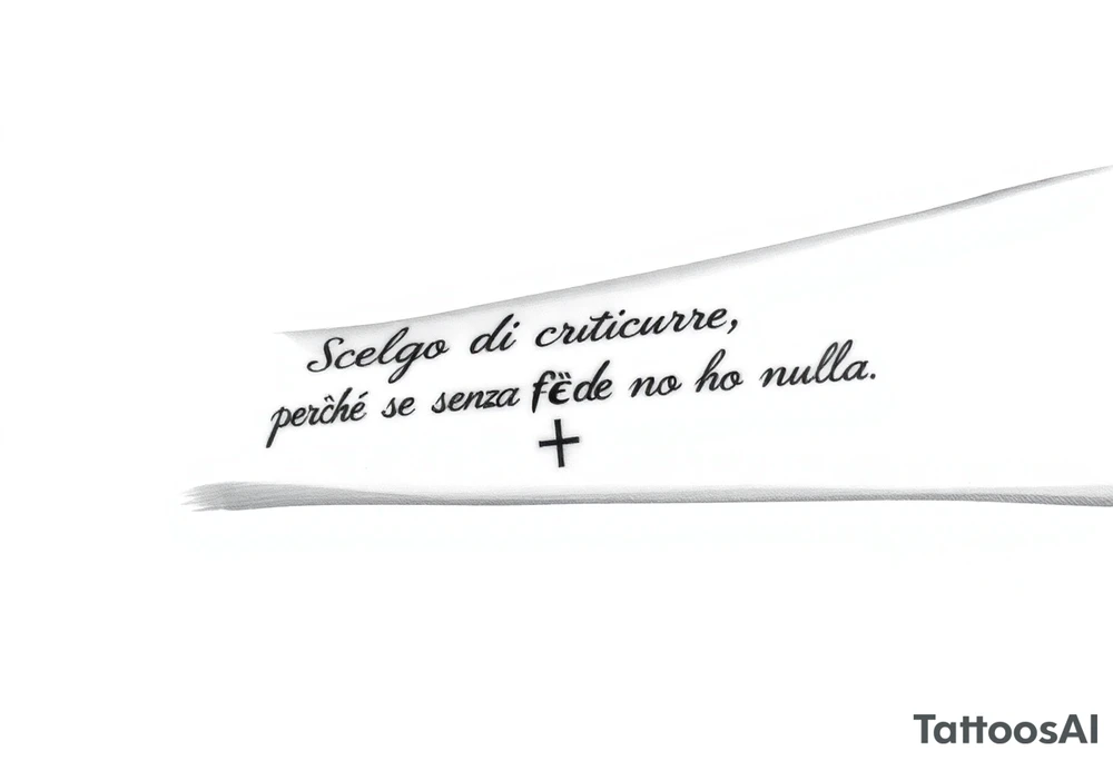 I want a tattoo with the quote “Scelgo di credere, perché senza fede non ho nulla.” Before the quote, I want a small cross. I’d like it to be written in a handwritten, elegant font on a single line, slightly curved to follow the shape of the placement. I want to place it on the lower part of my forearm, from the wrist toward the elbow. tattoo idea