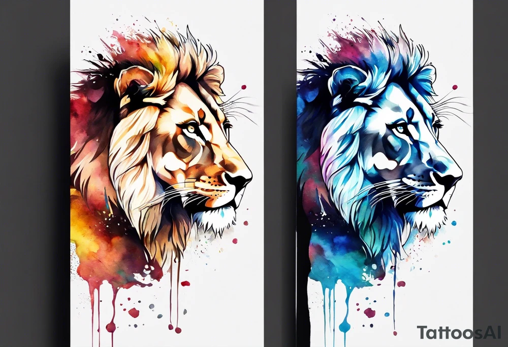 Lion and Lioness Tattoo. Water Colour splash back. Lion on one side, Lioness on the other. Power and love tattoo idea