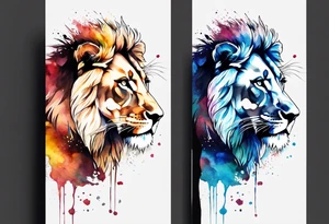 Lion and Lioness Tattoo. Water Colour splash back. Lion on one side, Lioness on the other. Power and love tattoo idea