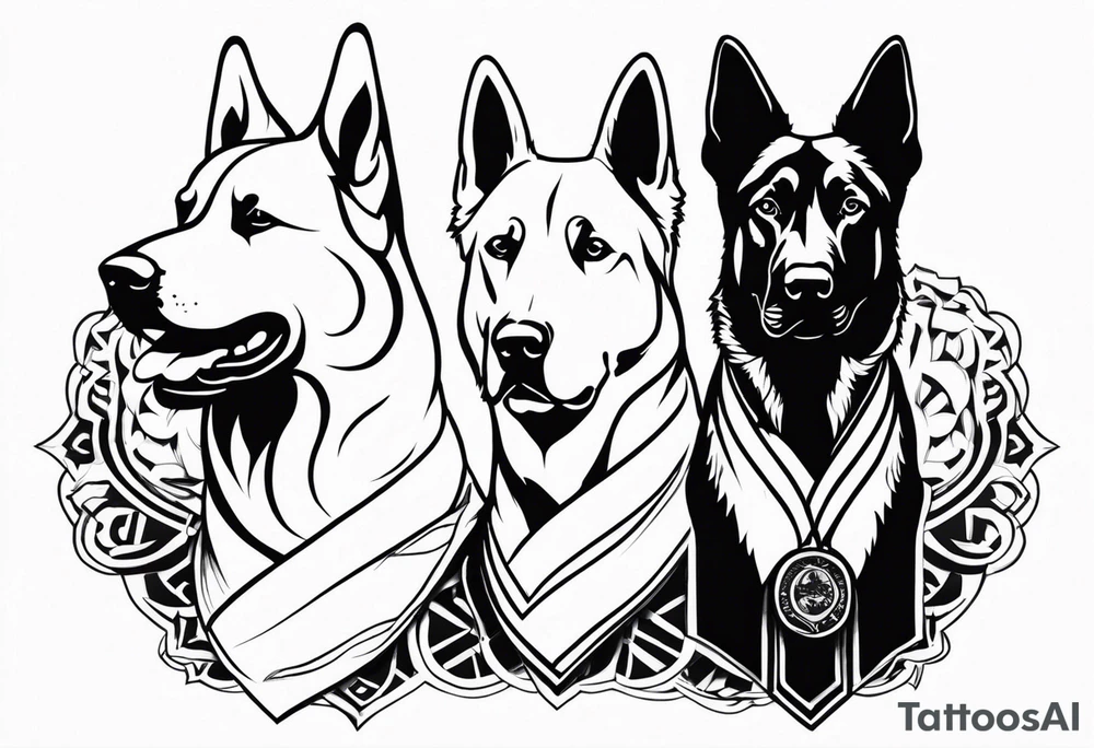 a golden retriever and a german shepherd both in plain white karate gis tattoo idea