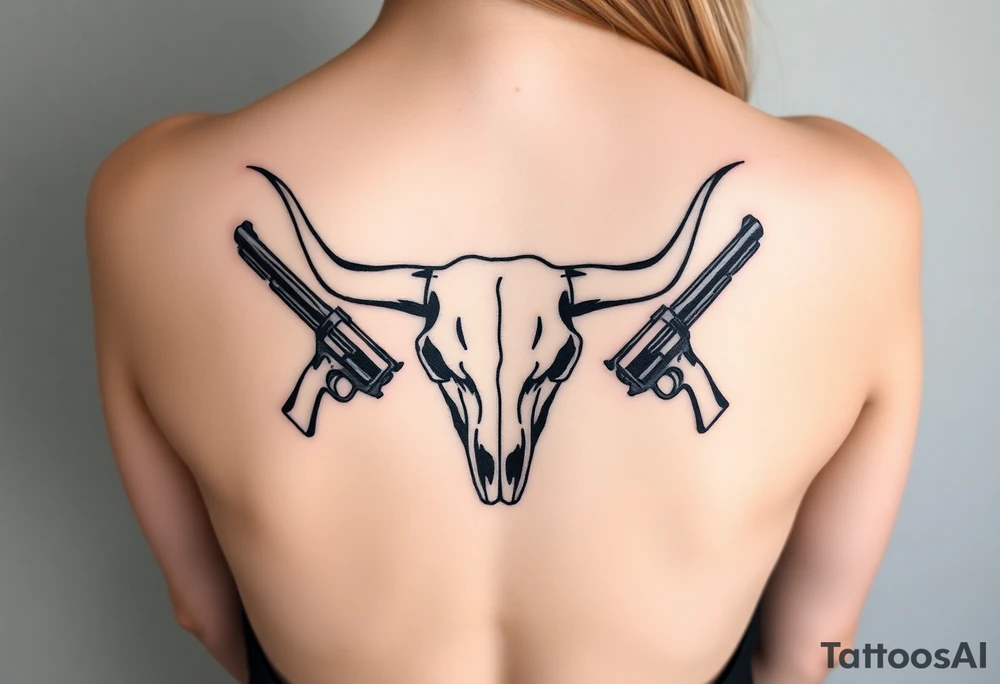 Longhorn skull with revolvers either side tattoo idea