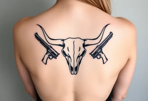 Longhorn skull with revolvers either side tattoo idea
